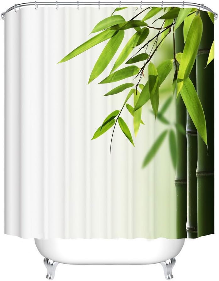 Fangkun Shower Curtain Bamboo and Leaves Printed Pattern - Polyester Fabric Bath Curtains Decor Set - 12pcs Shower Hooks -Green White - 72 x 72 inches