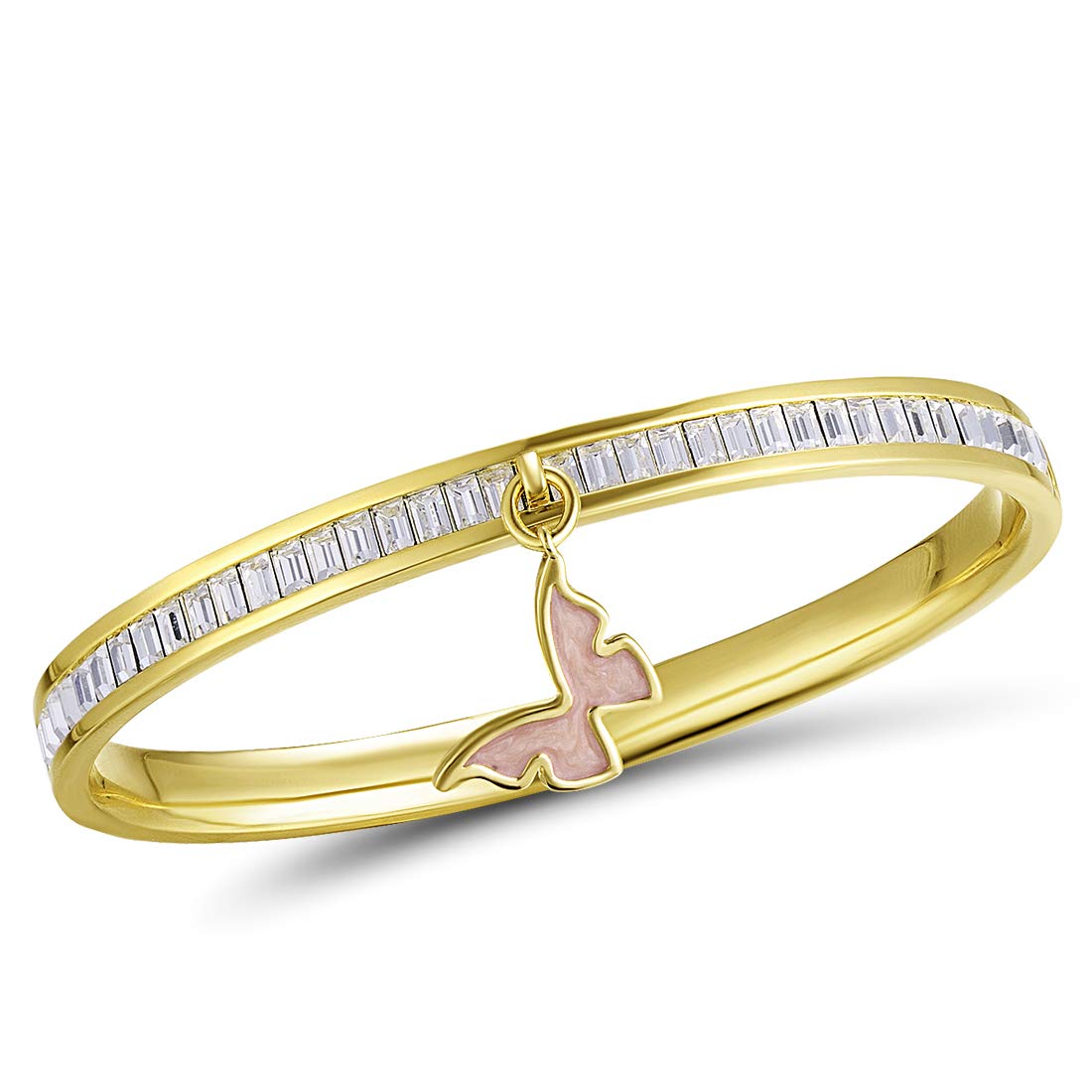 Santuzza Yellow Gold Plating Bangle Brass Enamel Crystal Bracelet with Butterfly Accessories Ideal Jewelry Gift for Women Girls (Pink)