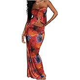 GORGLITTER Women's Mesh 2 Piece Sets Strapless Baneau Tube Top and Tie Dye Maxi Skirts Set Crop Tops Set Summer Outfits