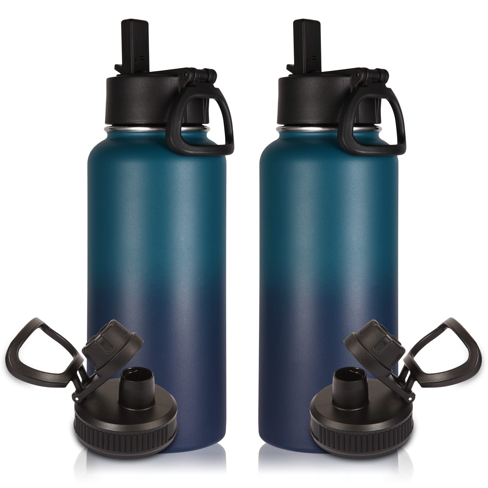 Volhoply 1 Litre Water Bottles Bulk 2 Pack with Straw & Spout Lid,Insulated Sports Water Bottle,Double Wall Vacuum Stainless Steel Tumbler,Leak Proof Wide Mouth Metal Flask for Travel(Dark Night,2)