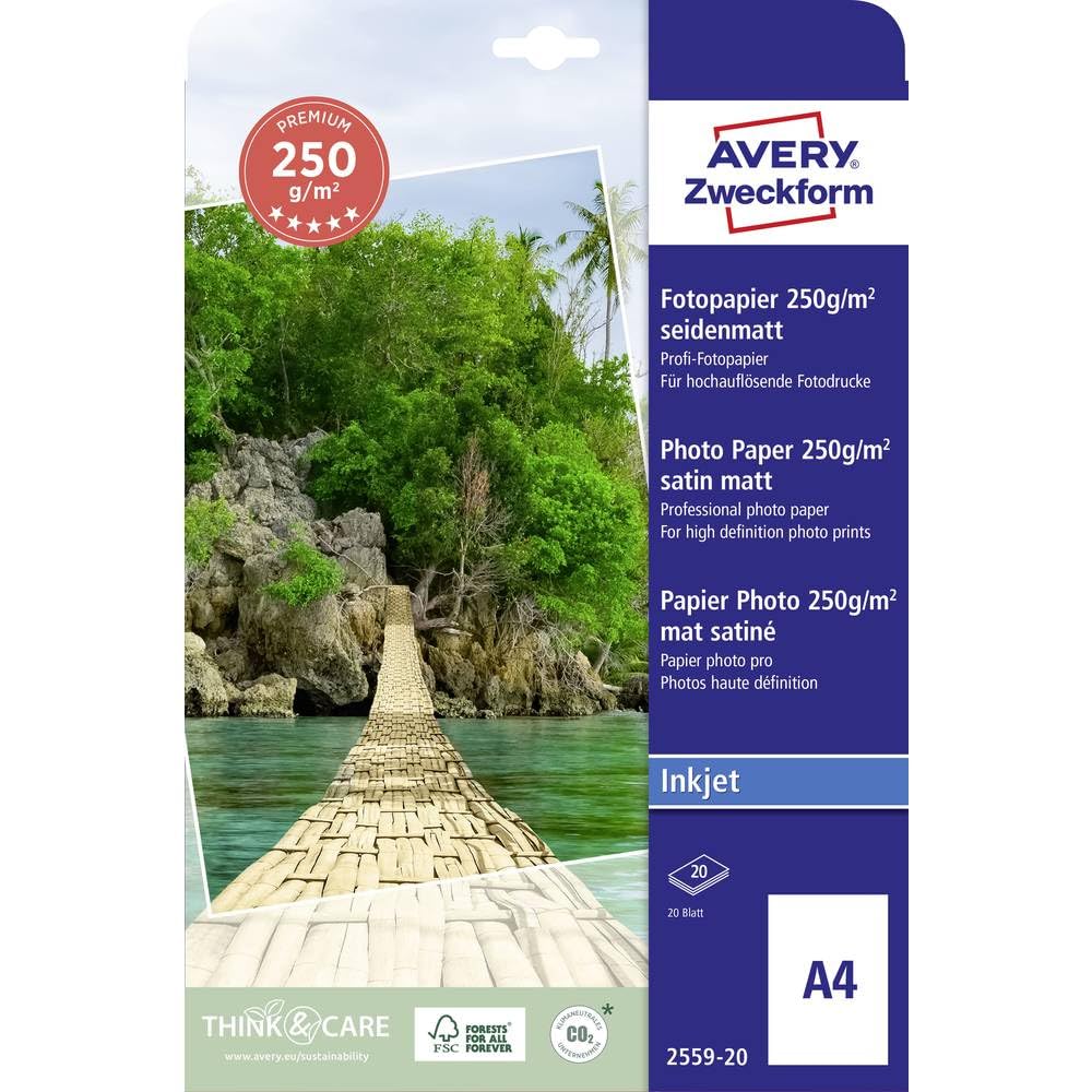 Avery Zweckform 2559-20 Premium Inkjet Photo Paper Silk-Matt A4 250 g 20 Sheets