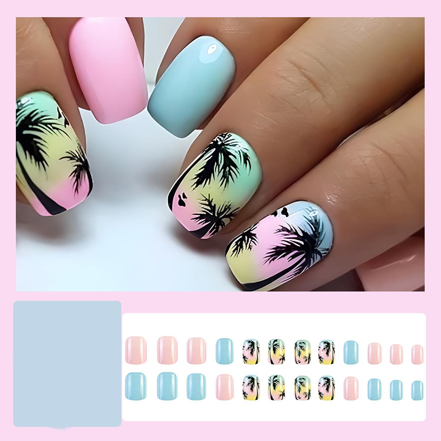 24 Pcs Short Square Press on Nails Colorful RIICFDD Fake Nails Summer Beach Style False Nails with Coconut Palm Designs Artificial Glossy Acrylic Nail Full Cover Glue on Nails for Women Girls - Image 2