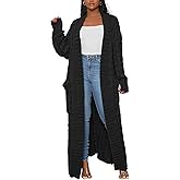 JEKYUARA Women's Cable Knit Maxi Cardigan Long Cardigan Sweater Open Front Chunky Knitwear Coat with Pockets Black