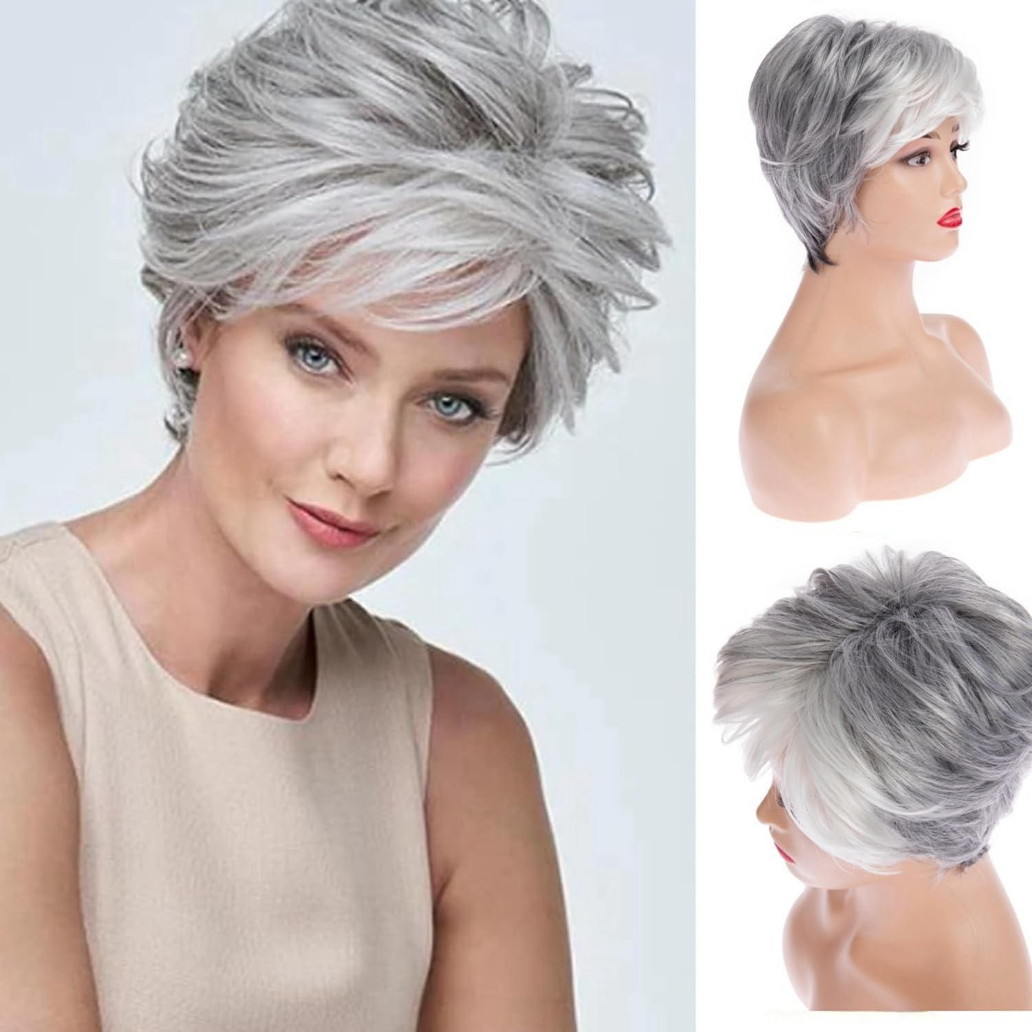 Qnbiar Short Gray Wigs for White Women Pixie Cut Wig with Bangs Natural Synthetic Hair Wigs for Daily Use — image 1