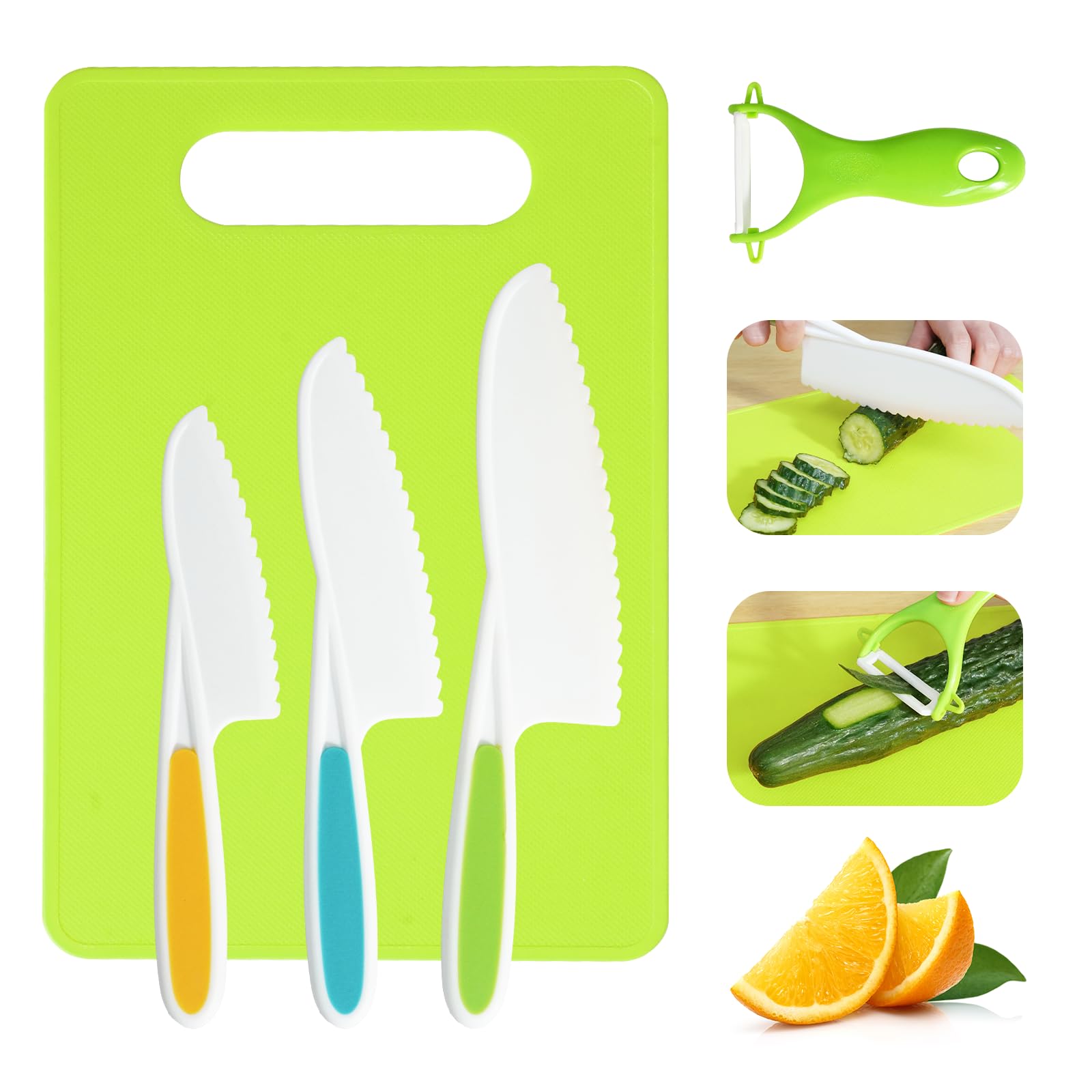 Photo 1 of *MISSING ONE KNIFE**
Kids Knife Set, 5 Pcs Montessori Kitchen Tools for Toddlers' Real Cooking, BPA Free Kids Safe Kitchen Cooking and Baking Set with Peeler, Cutting Board for Sandwich Bread Vegetable Fruit Present Gift