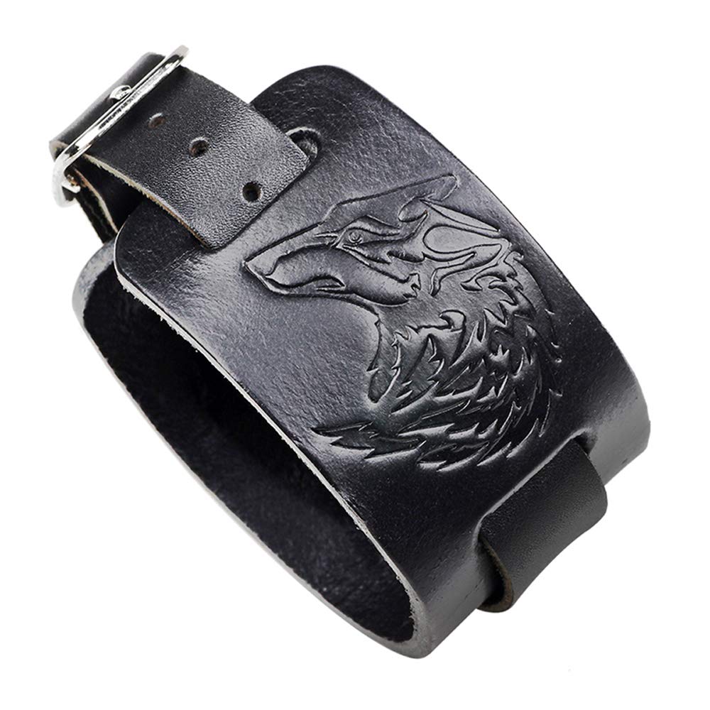 Thajaling Black Leather Bracelet Wolf Head Bracelet Punk Style Wide Bangle Cuff Bracelet Strap Wristband for Men and Women