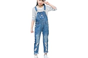 LAVIQK 3-14 Years Kids Big Girls Jumpsuits & Rompers Distressed Bib Denim Overalls Blue Long Jeans Stretchy Ripped Jeans