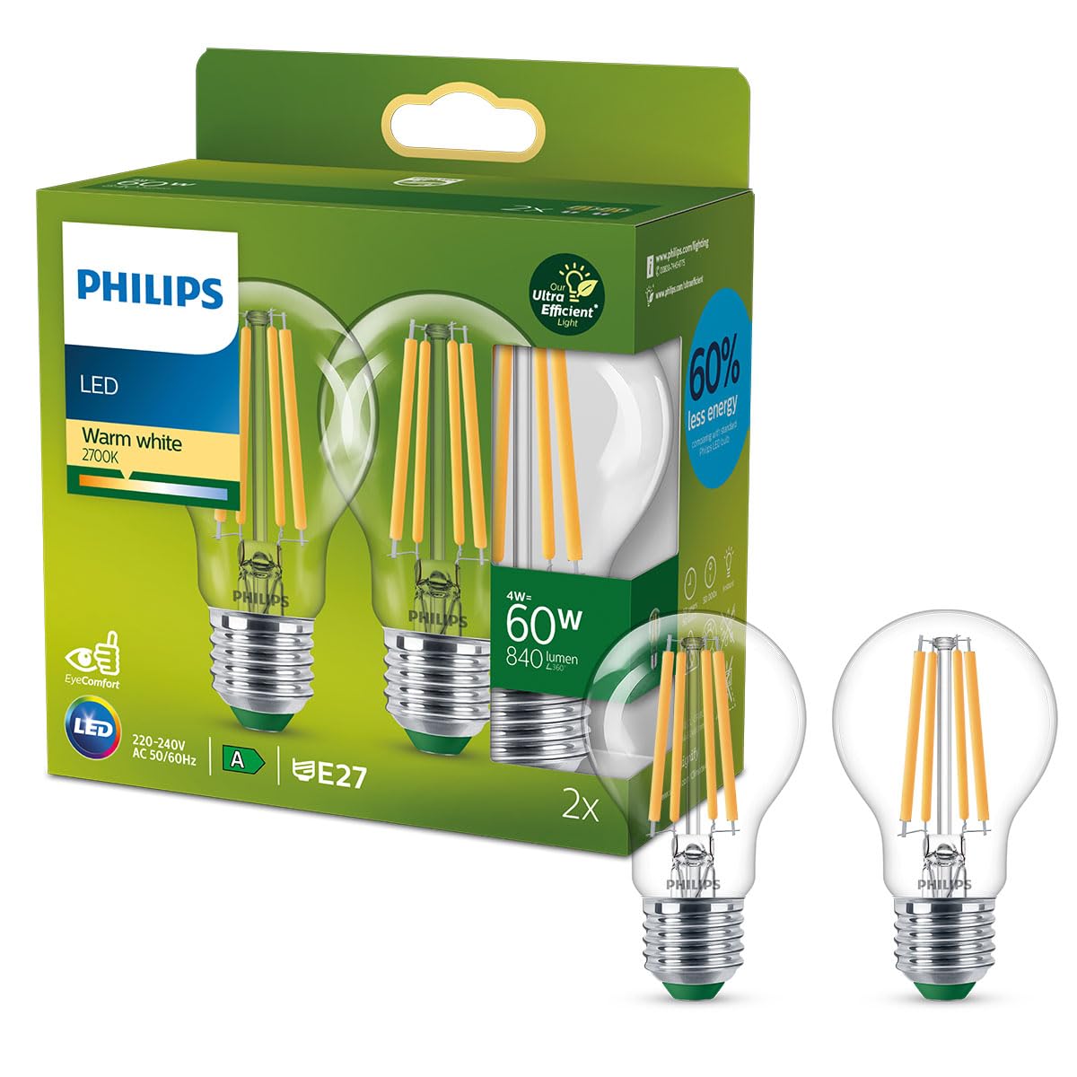 Philips Ultra Efficient - Ultra energy saving lights, LED light source, 60W, E27, A60, Clear glass, warm white light, 2700 kelvin, non dimmable, 2-pack — image 1