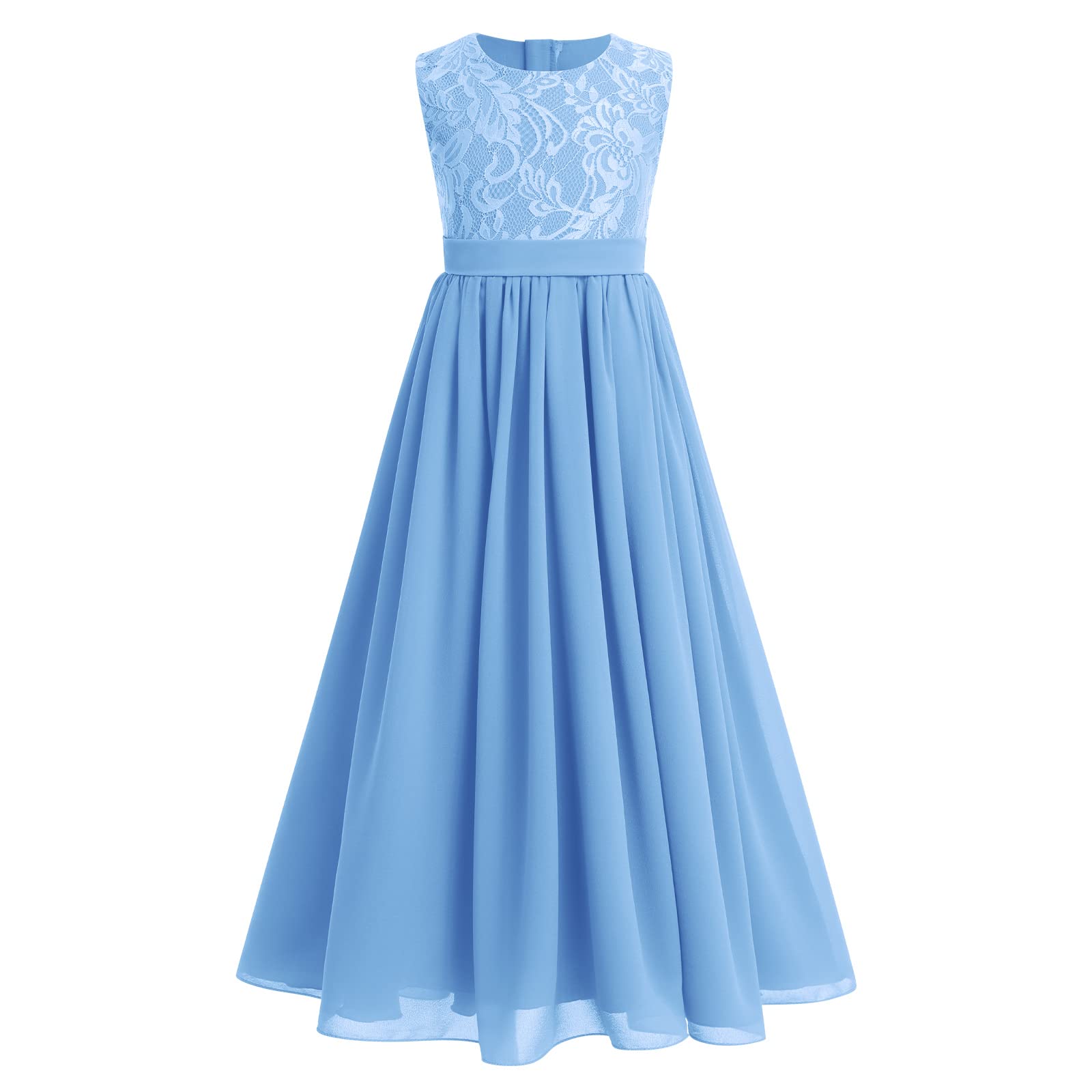 Photo 1 of Girls Maxi Dress, Big Girls Flower Lace Sleeveless Casual A-Line Swing Wedding Party Long Dresses Pageant Princess Birthday Prom Dance Evening Gown for Kids Light Blue 15-16 Years
