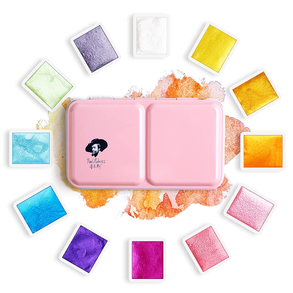 Paul Rubens Watercolour Paint, 12 Assorted Colors with Glitter Sparkle Effect, Professional Grade for Aritsts Adults Begginners, Portable and Compact Art Supplies