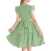 Cudtum Girls' Dresses Ruffle Sleeve Solid Semi Formal Tiered Swing Midi Casual Summer Dress 6-14 Years