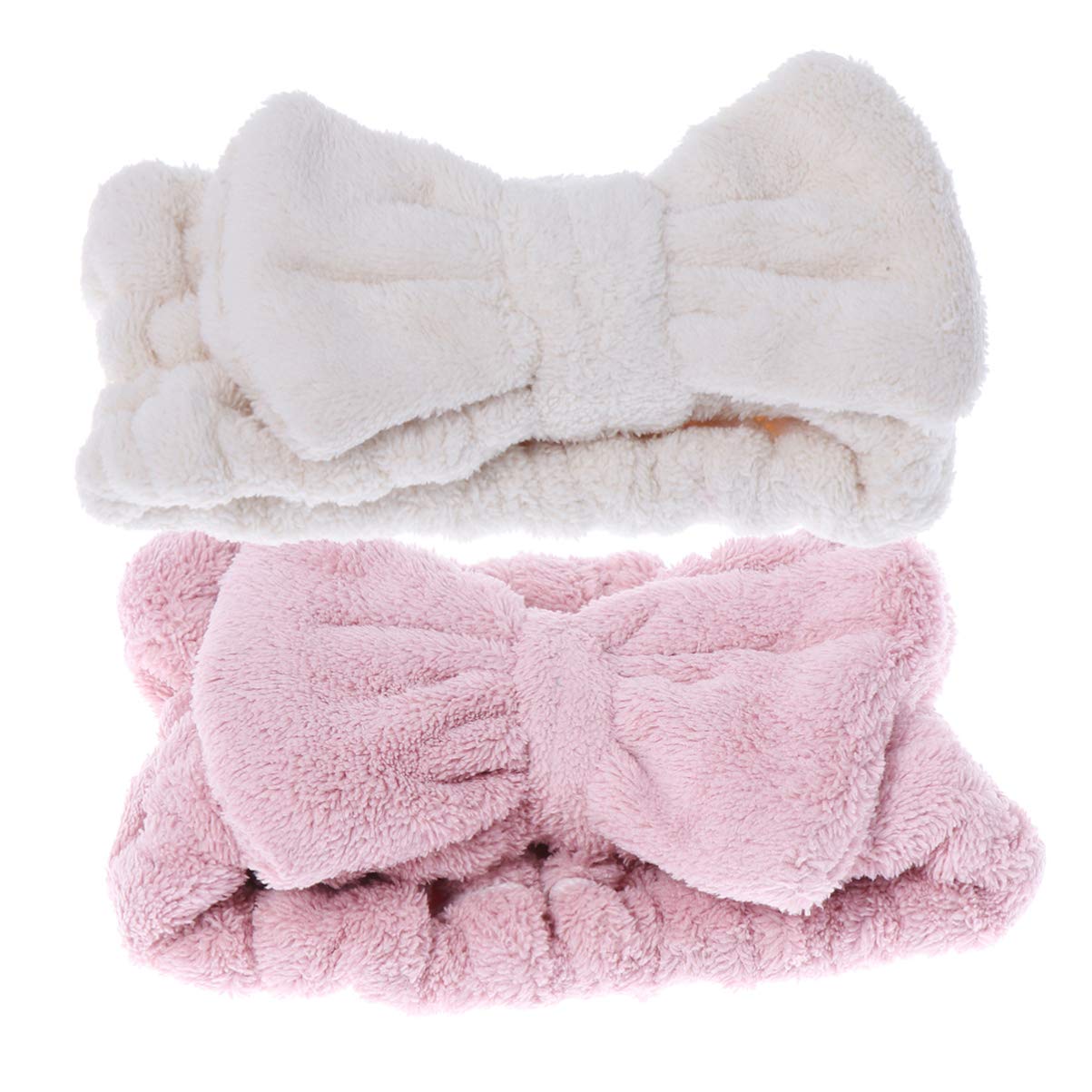 Minkissy 2pcs Make Up Headbands Bow Elastic Hair Bands Soft Velvet Headwraps for Washing Face Mask Bathing(White Pink)
