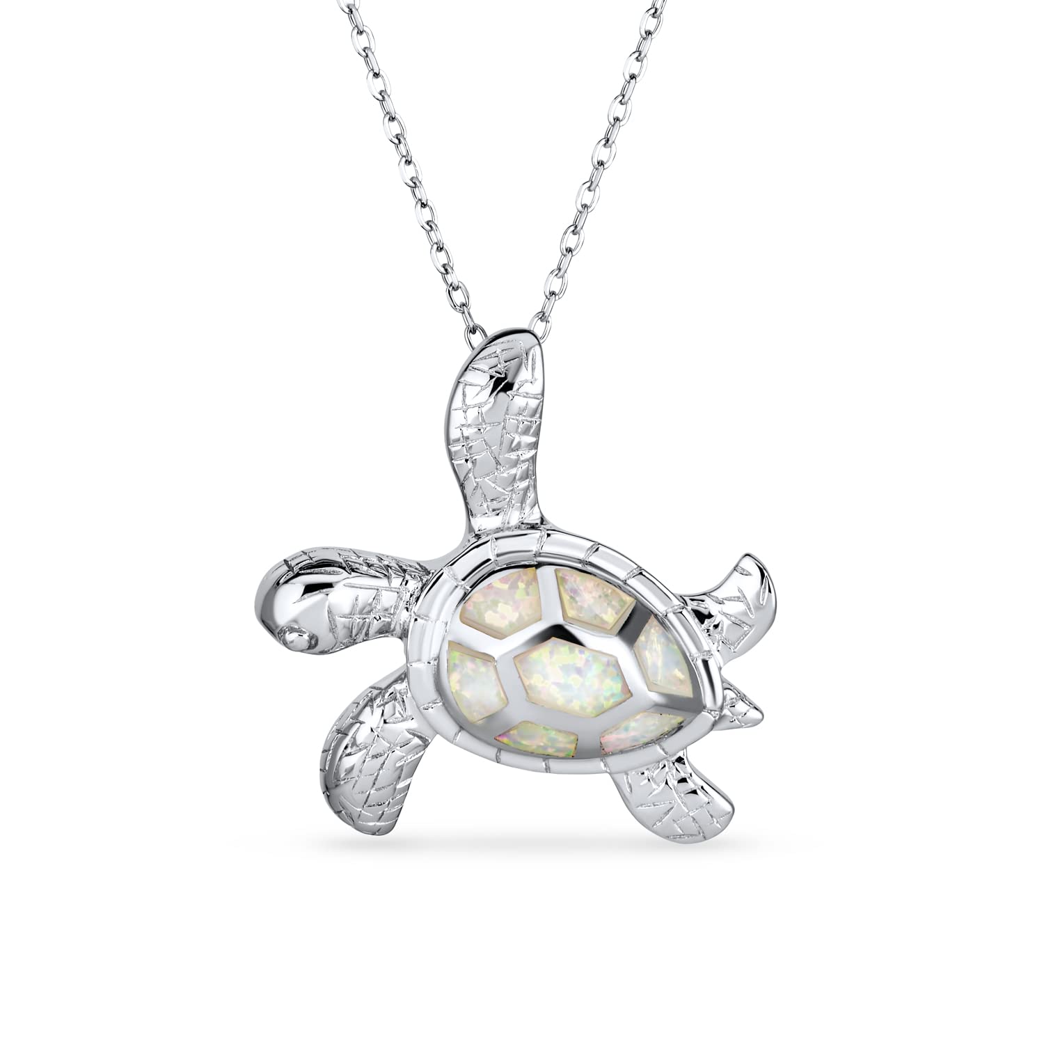 Bling Jewelry Large Nautical Tropical Beach Vacation Iridescent White Created Opal Inlay Sea Tortoise Turtle Pendant Necklace For Women Teen .925 Sterling Silver