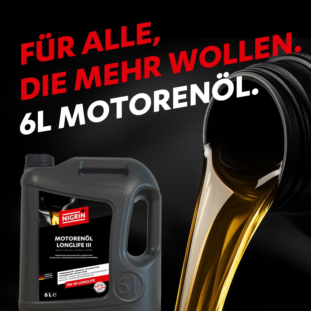 NIGRIN Motorenöl 5W-30 LongLife III | 6 Liter | für Pkw- Otto- und Dieselmotoren einschließlich Partikelfilter, Mehrbereichsmotoröl auf HC-Synthese Basis, VW 504 00/507 00/503 00/506 00 3