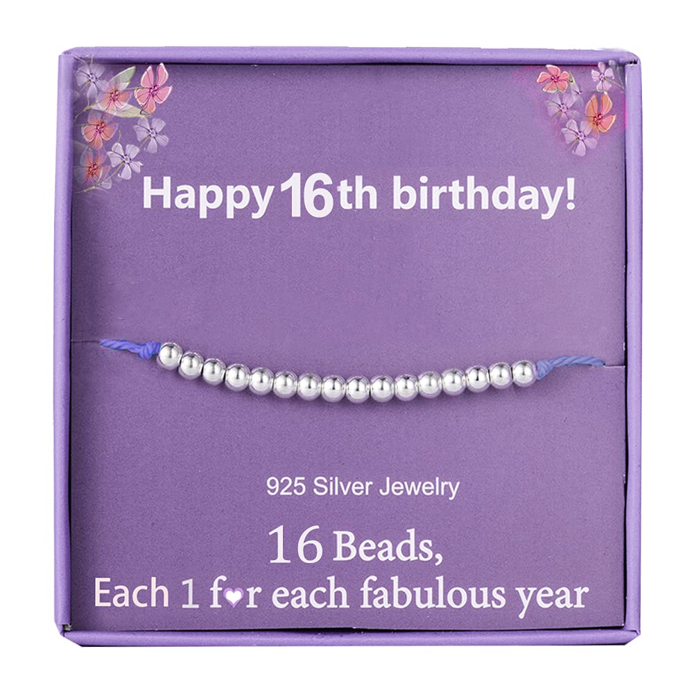 Kenwiv Birthday Gifts for 16th Girls Bracelet Silver Beads 16 Years Old Beads Bracelet on Cord Jewellery for Teen Girls With Cards Box and Gift bag