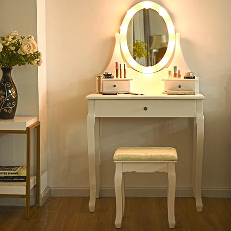 Costway Dressing Table Set With Cushioned Stool Detachable Table