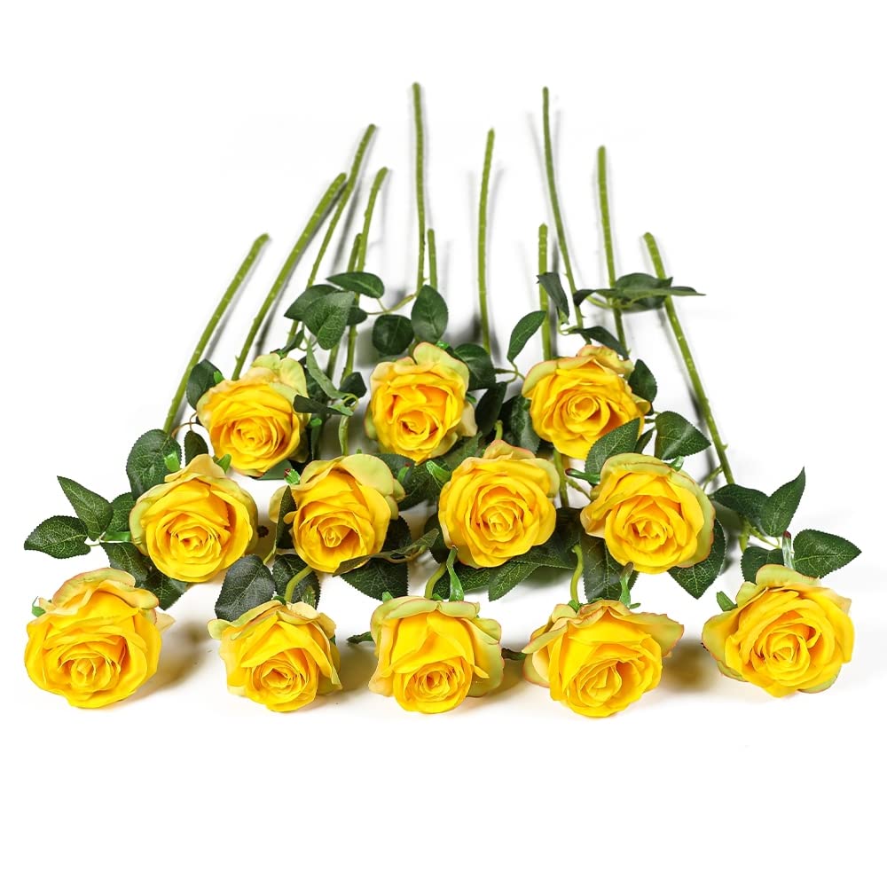 Kisflower 12Pcs Roses Artificial Flowers Fake Silk Rose Flowers Realistic Single Stem Flower Bouquet for Wedding Party Office Home Decor (Gradient Yellow)