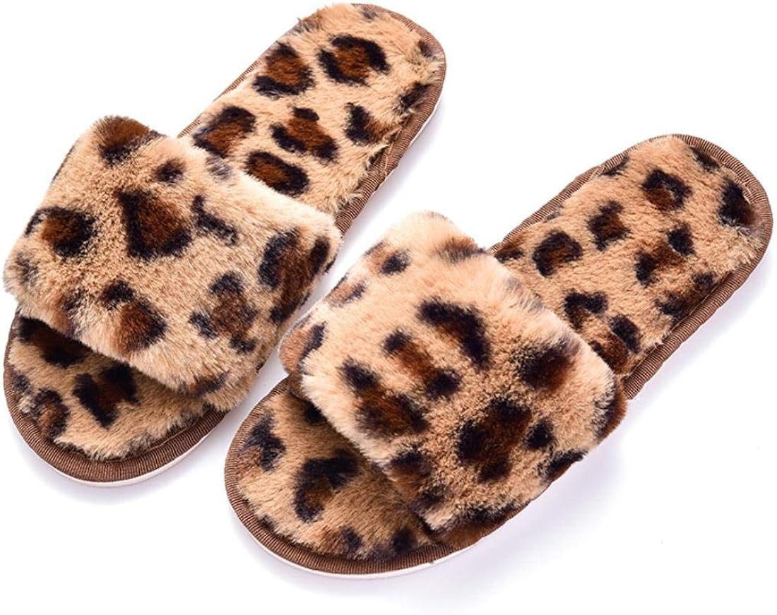 Slippers, Plush Slippers, Ladies Leopard Print Slippers, Indoor Non