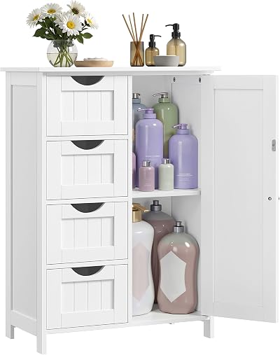 VASAGLE Cloud White Bathroom Floor Cabinet 4 Drawers 1 Door 65x35x90 cm