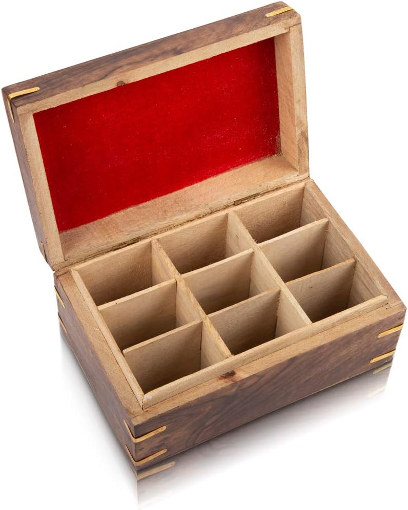 Wooden Tea Box Storage Chest Organizer Container Holder Rack With 9