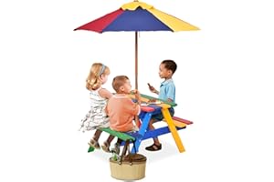 HONEY JOY Kids Picnic Table, Toddler Wooden Outdoor Table and Bench Set with Foldable & Removable Umbrella, Kids Picnic Tables for Outdoors Backyard, Gift for Boys Girls(Colorful)