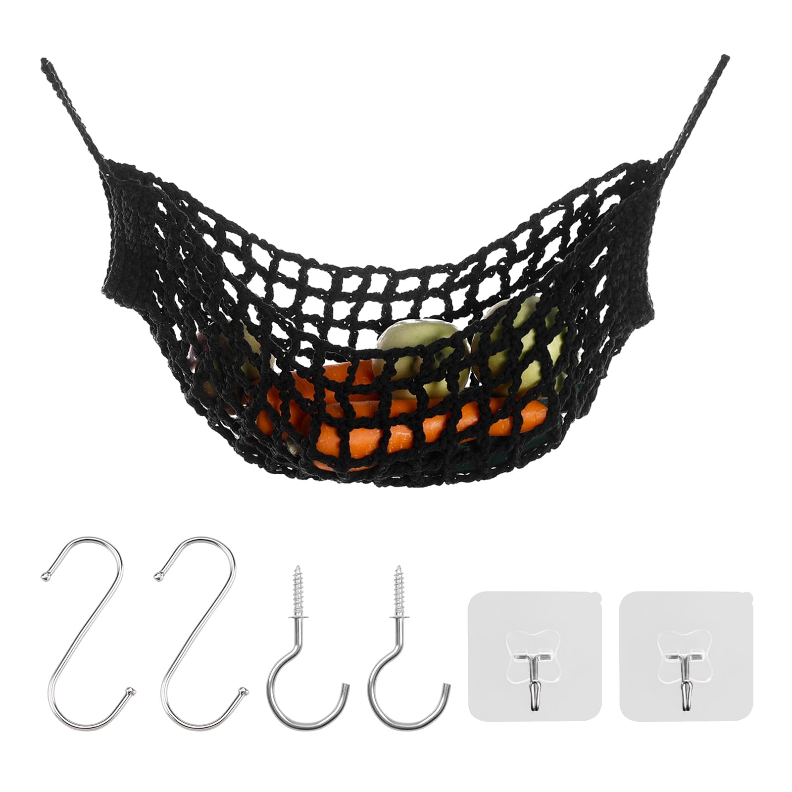 UFURMATE Fruit Vegetable Hammock, 1 Set Black Handmade Macrame Fruit Hammock with Hooks Cotton Fruit Holder Net Under Cabinet Hanging Fruit & Veggie Basket for Saving Kitchen Space