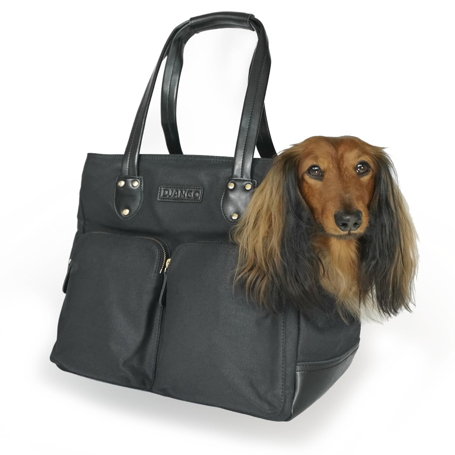 DJANGO Waxed Canvas & Leather Dog Carrier Tote Bag – Premium Soft-Sided Travel Dog Purse with Safety Leash, WR Lining, & Large Zipper Pockets – Everyday Pet Carrier for Small Dogs (Black, Medium)