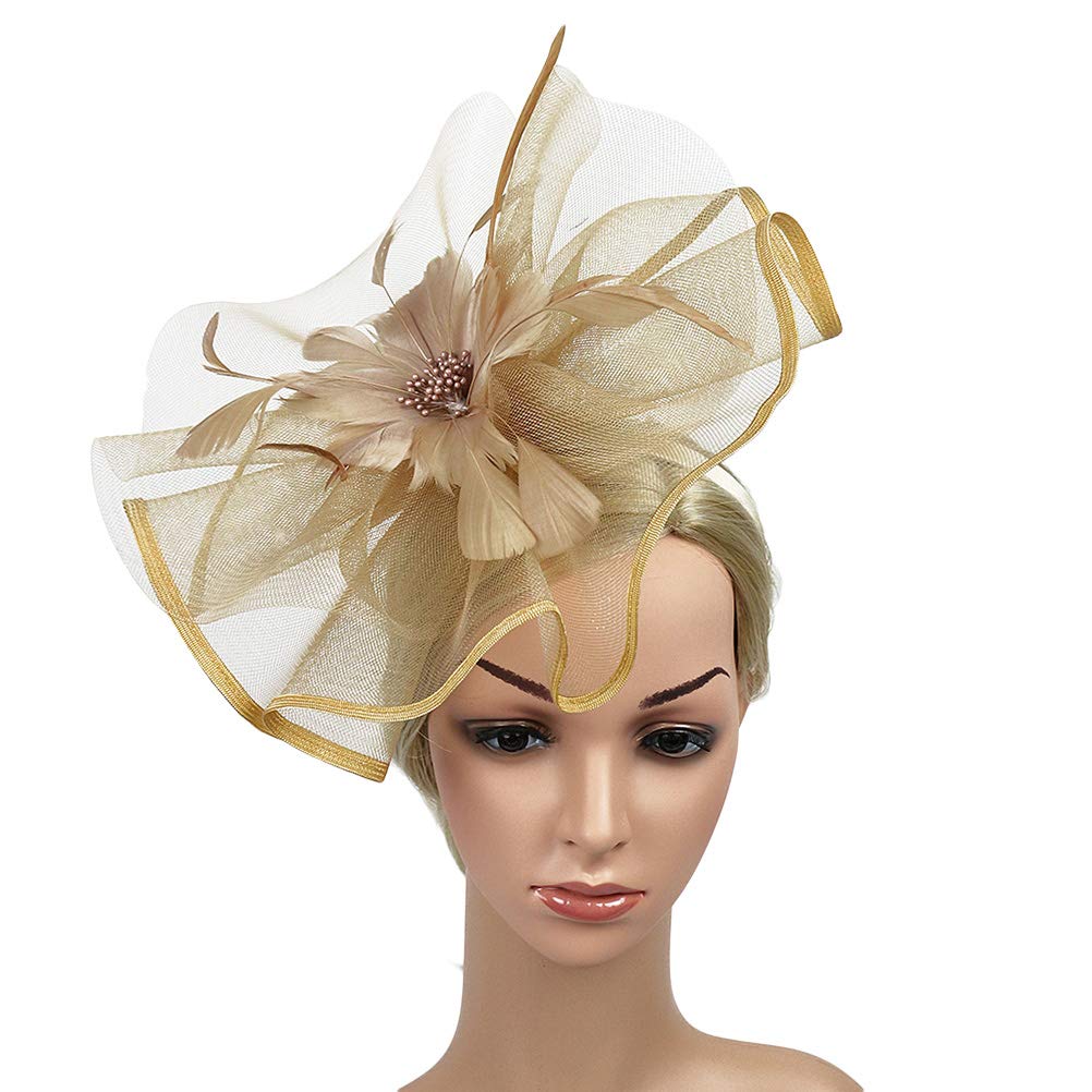 Golden Fascinator Hat with Gauze Flower, Flower Mesh Headband Cocktail Tea Party Headwear for Women Girls Weddings Parties and Festivals