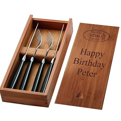 Rösle Steakbesteck-Set MIT Gravur (z.B. Namen) 4tlg. in Holzbox Steakmesser + Steakgabel