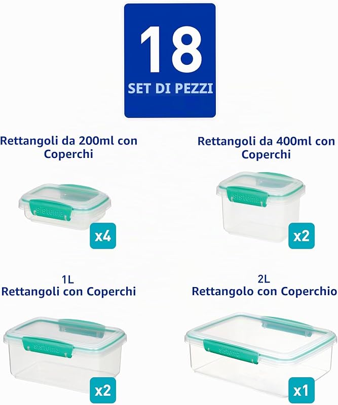 KLIP IT Contenitori per alimenti | Contenitori per la preparazione dei pasti impilabili ed ermetici | Scatole per il pranzo per la scuola e snack | 18 pz. (9 contenitori e coperchi)
