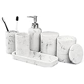 LIN CHUAN 6-Piece Bathroom Accessories Set, Organizer Set with Soap Dispenser, Toothbrush Holder Set, Vanity Tray, Tumbler & 2 Cotton Swab Jars – Modern Stylish Bathroom Storage(Marble White)