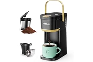 Tastyle Single Serve One Cup Coffee Maker, for K Cups and Grounds, Mini Coffee Maker with Portable Handle, 6 to 12 Oz Brew Size, for Travel, Camping, Office, RV and Dorm, 120V, Black and Gold