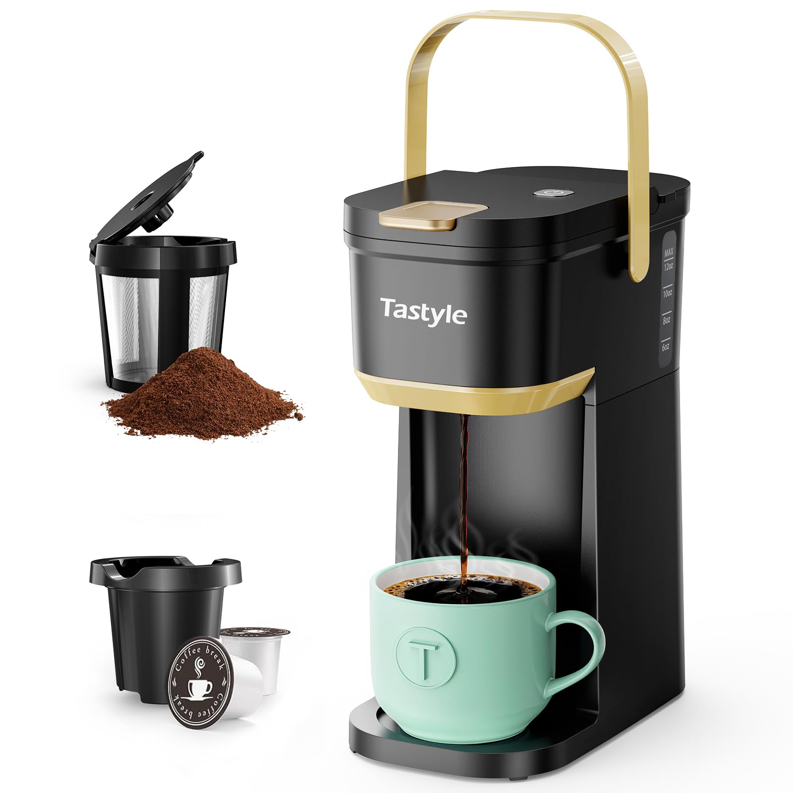 Photo 1 of Tastyle Single Serve One Cup Coffee Maker, for K Cups and Grounds, Mini Coffee Maker with Portable Handle, 6 to 12 Oz Brew Size, for Travel, Camping, Office, RV and Dorm, 120V, Black and Gold