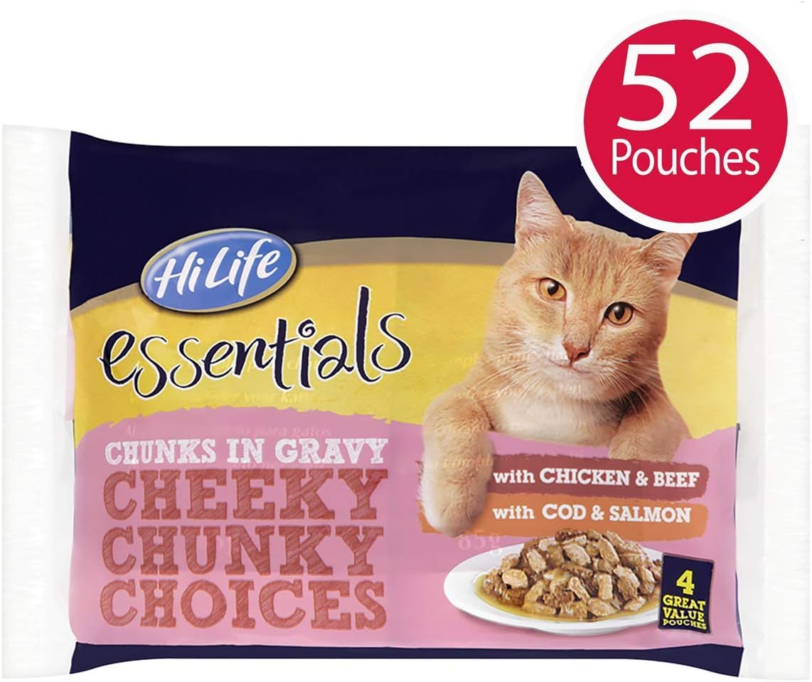 HiLife Pets Pantry - Complete Wet Cat Food - Favourite Chunks in Gravy - Chicken, Beef, Cod, Salmon, 13 x (4 x 85g)