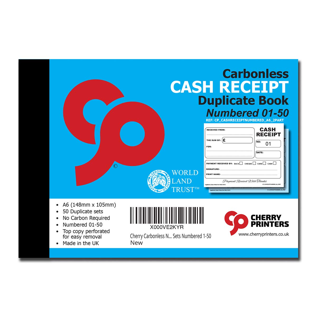 Cherry Printers Carbonless (NCR) Cash Receipt Book Duplicate A6 50 Sets Numbered 1-50 | A6 2 Part Receipt Book for Cash Payments | Perfect for The Self Employed and Taxis | Made in the UK