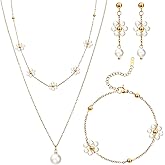 Tondiamo 5 Pcs Daisy Pearl Jewelry Set for Women Wedding Gold Pearl Necklace Bracelet Earrings Set Cute Jewelry 14k Gold Flower Choker Necklace for Party Accessories Birthday Gifts