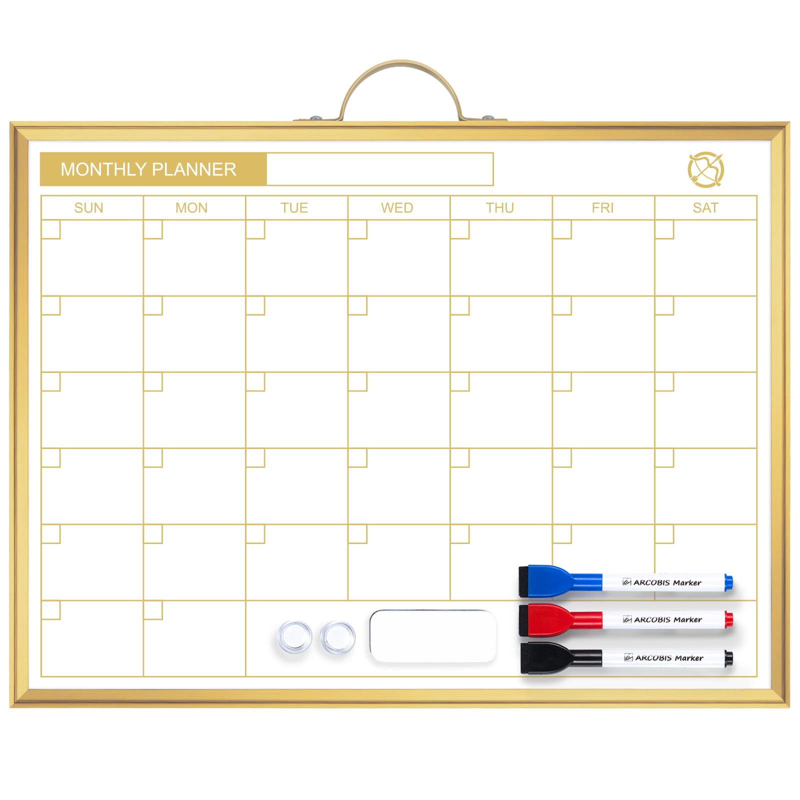 Photo 1 of ARCOBIS Monthly Calendar Whiteboard - 12" x 16" Double-Sided Magnetic Dry Erase Board with Gold Frame - Portable Wall Hanging Planner for Home, Office, School