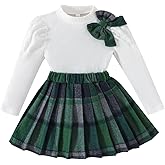 Guodeunh Toddler Girls Plaid Outfits Fall Winter Knit Ribbed Bow Sweatshirt Tops Pleated Skirts Set Holiday Picture Clothes