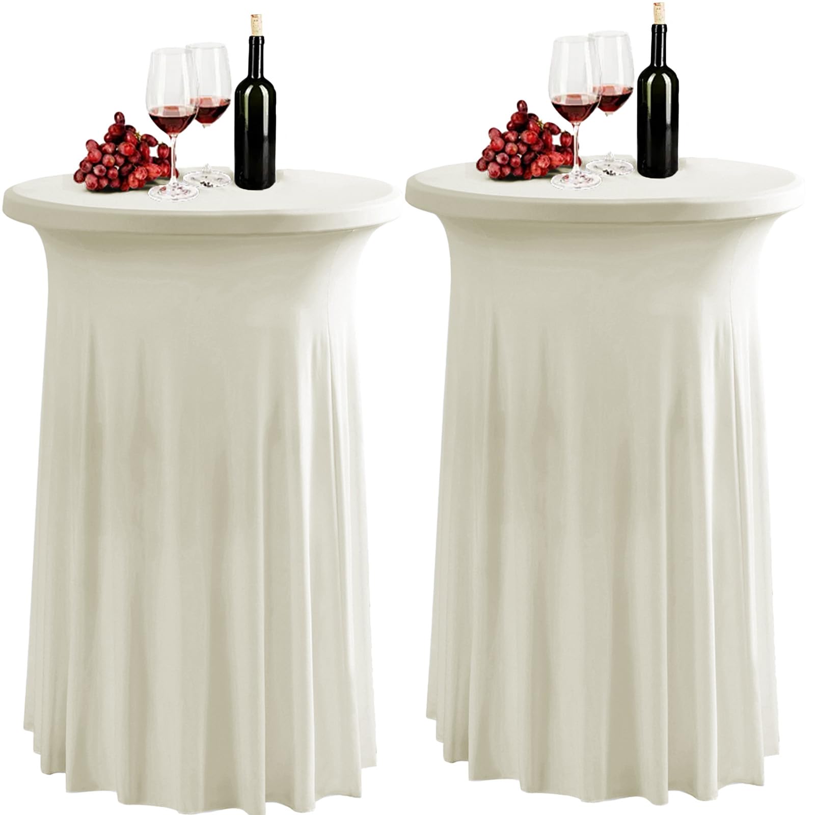 Photo 1 of Fhberni 2 Pack Ivory Spandex Stretch Round Table Covers with Skirt - 24x43 Inch Fitted Elastic Cocktail Tablecloth for High Top Bar, Party & Wedding Decor, Ivory