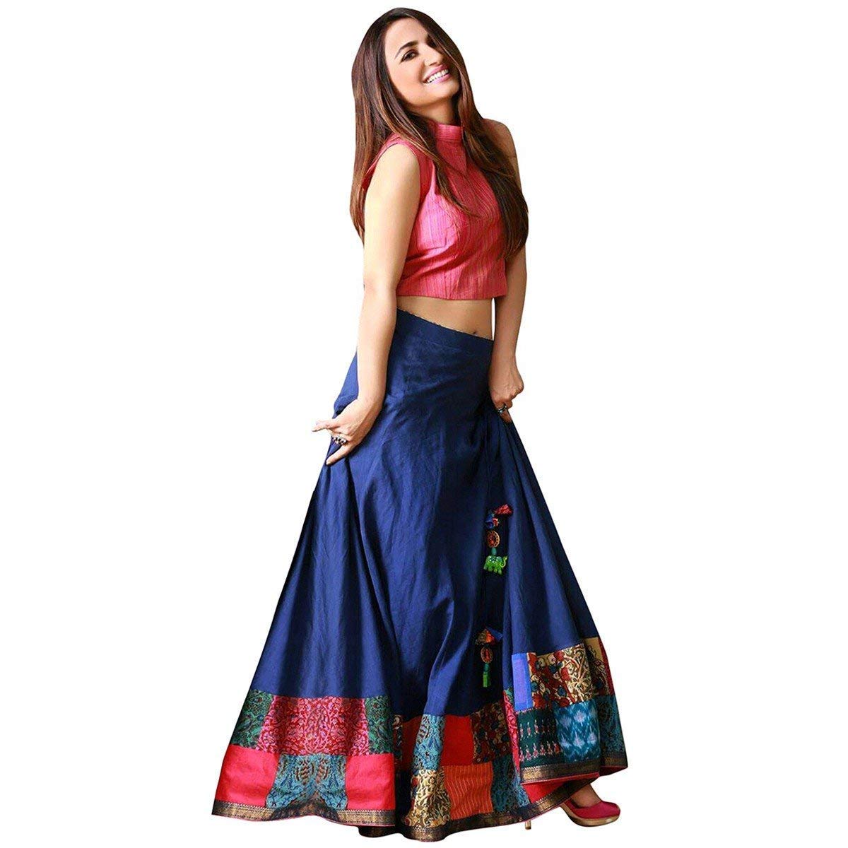 bhakti nandan creation women's taffeta silk skirt with top (blue,free size)