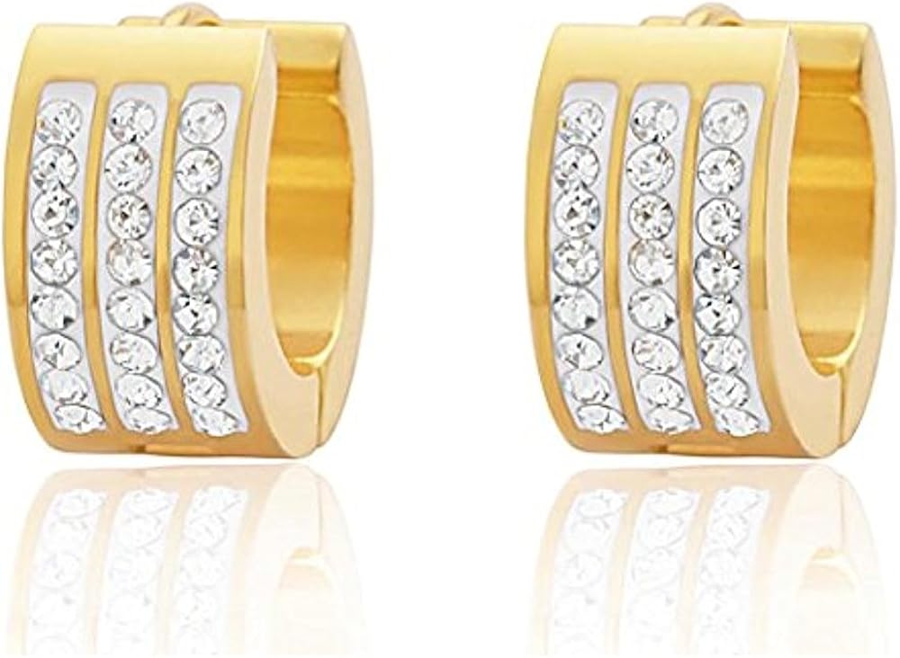 Edforce Stainless Steel Women's 3 Rows of 8 AAA Cubic Zirconia Stones Huggie Hoop Earrings