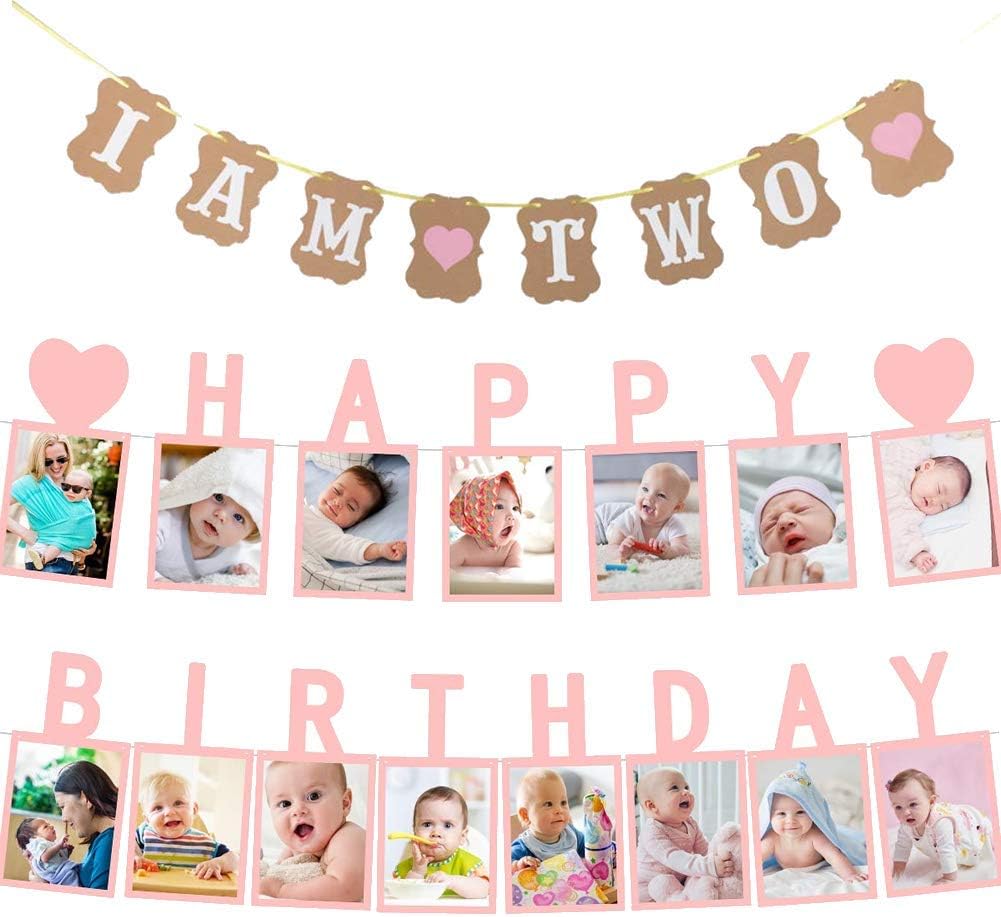 Dusenly Happy Birthday Photo Banner I AM TWO 2nd Birthday Party Bunting Banner Baby Birthday Set Baby Boy Girl Birthday Decoration Photo Prop Party Supplies (Pink) - Image 3