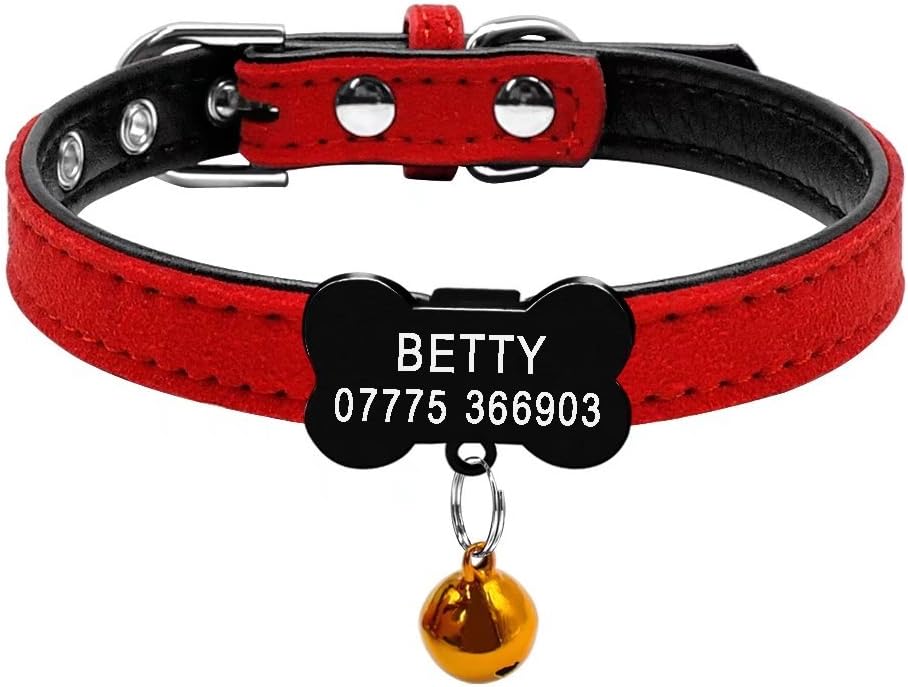 Didog Custom Puppy Collars,Personalized Soft Suede Leather Collars with Bone Shaped Slippable ID Tag for Small Dogs