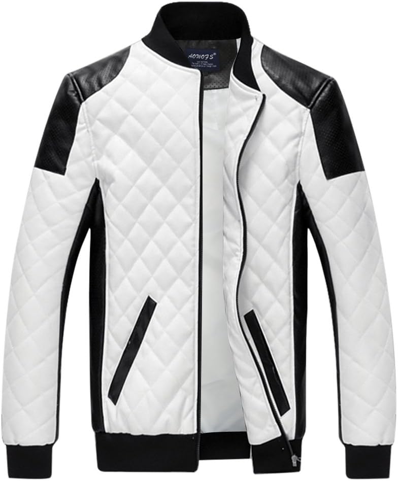 New Men's Spring Summer Fashion Long Sleeve Synthetic Leather Slim Biker Stand Collar Patchwork Jacket Coat Outerwear