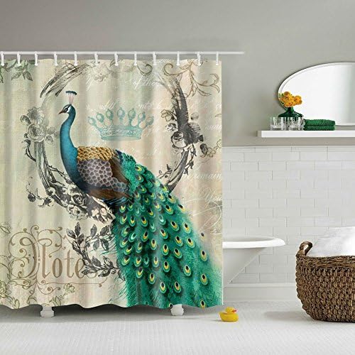 Olibay Polyester Fabric Bathroom Spa Green Peacock Decor Shower Curtain Set 71X71"