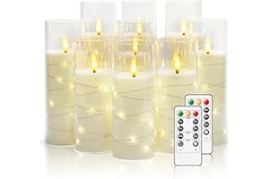 Nimiko Flickering Flameless LED Candles, 9 Pcs with Embedded Star String, Acrylic LED Pillar Candles with Remote, Suitable for Home Decoration (White)