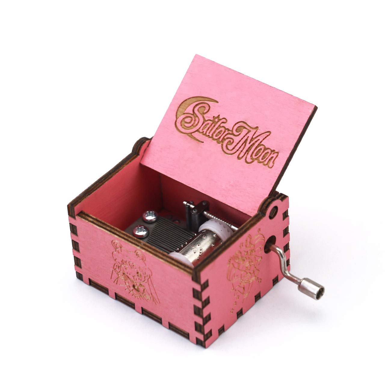 Youtang Music box Hand Crank Carved Wooden Musical Box,Musical Gift,Play Moonlight Densetsu,Pink