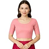 Jaanvi fashion Round Neck Dobby Cotton Lycra Stretchable Elbow Sleeve Readymade Saree Blouse for Women Stylish (cotton-dobbi-rosy-pink-l)