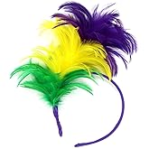 LKQBBSZ Mardi Gras Feather Fascinator Headband Tiara, Feather Headwear for Women Girls, 1920s Vintage Mardi Gras Headbands for Mardi Gras Parade, Carnival Party, Saint Patricks Party