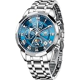 OLEVS Watches Men Luxury Chronograph Moon Phase Waterproof Luminous Watches for Men Analog Quartz Calendar Stainless Steel Strap Wrist Watches-(Black/Blue/Gold/Grey/Silver Face)